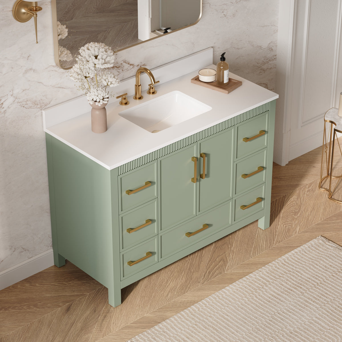 48 Inch Freestanding Solid Wood Bathroom Vanity with Fluted Molding, Pure White Quartz Countertop, SAGE GREEN