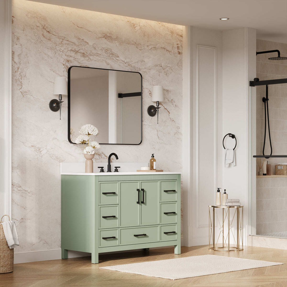48 Inch Freestanding Solid Wood Bathroom Vanity with Fluted Molding, Pure White Quartz Countertop, SAGE GREEN
