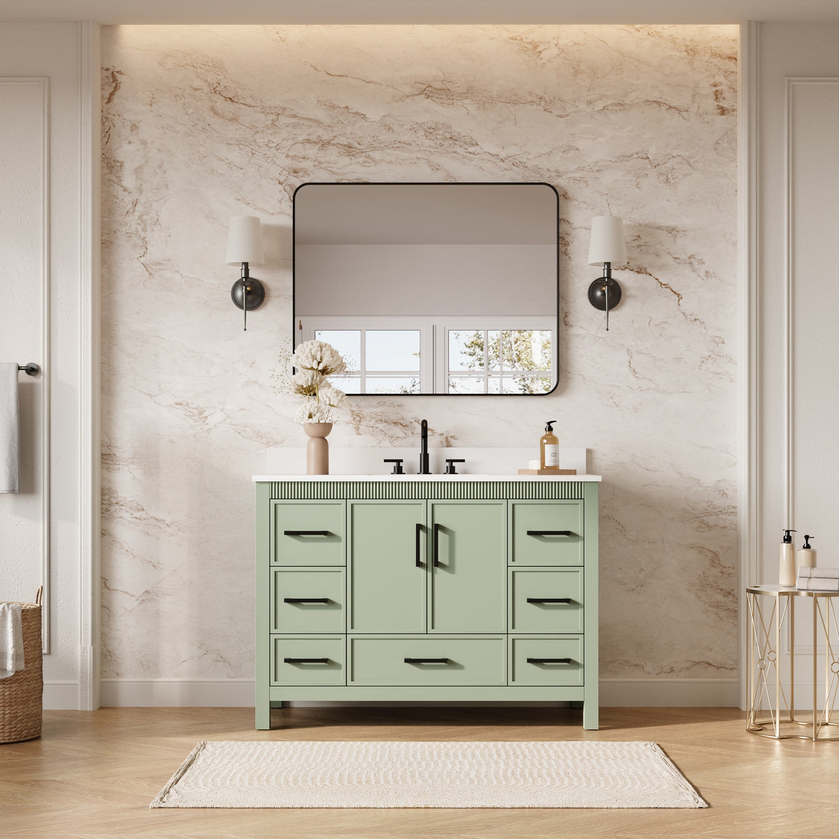 48 Inch Freestanding Solid Wood Bathroom Vanity with Fluted Molding, Pure White Quartz Countertop, SAGE GREEN
