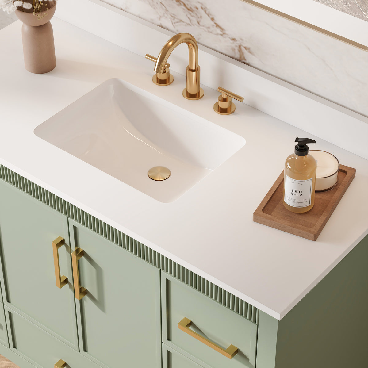 48 Inch Freestanding Solid Wood Bathroom Vanity with Fluted Molding, Pure White Quartz Countertop, SAGE GREEN