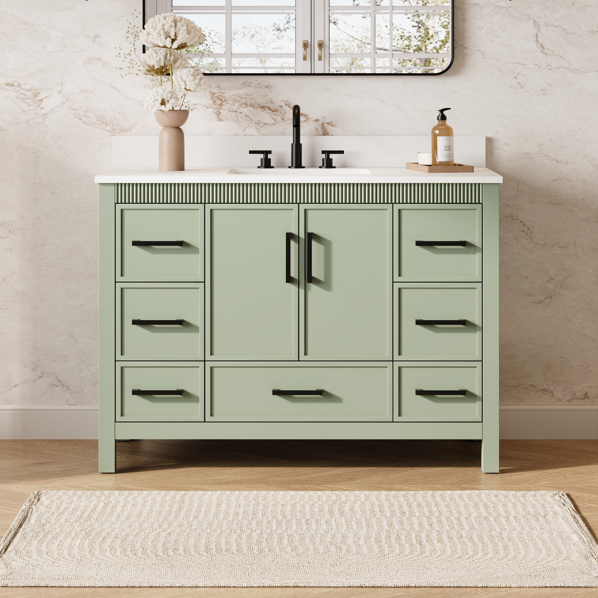 48 Inch Freestanding Solid Wood Bathroom Vanity with Fluted Molding, Pure White Quartz Countertop, SAGE GREEN
