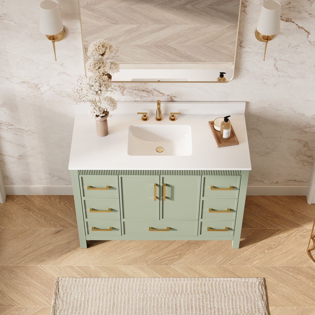 48 Inch Freestanding Solid Wood Bathroom Vanity with Fluted Molding, Pure White Quartz Countertop, SAGE GREEN