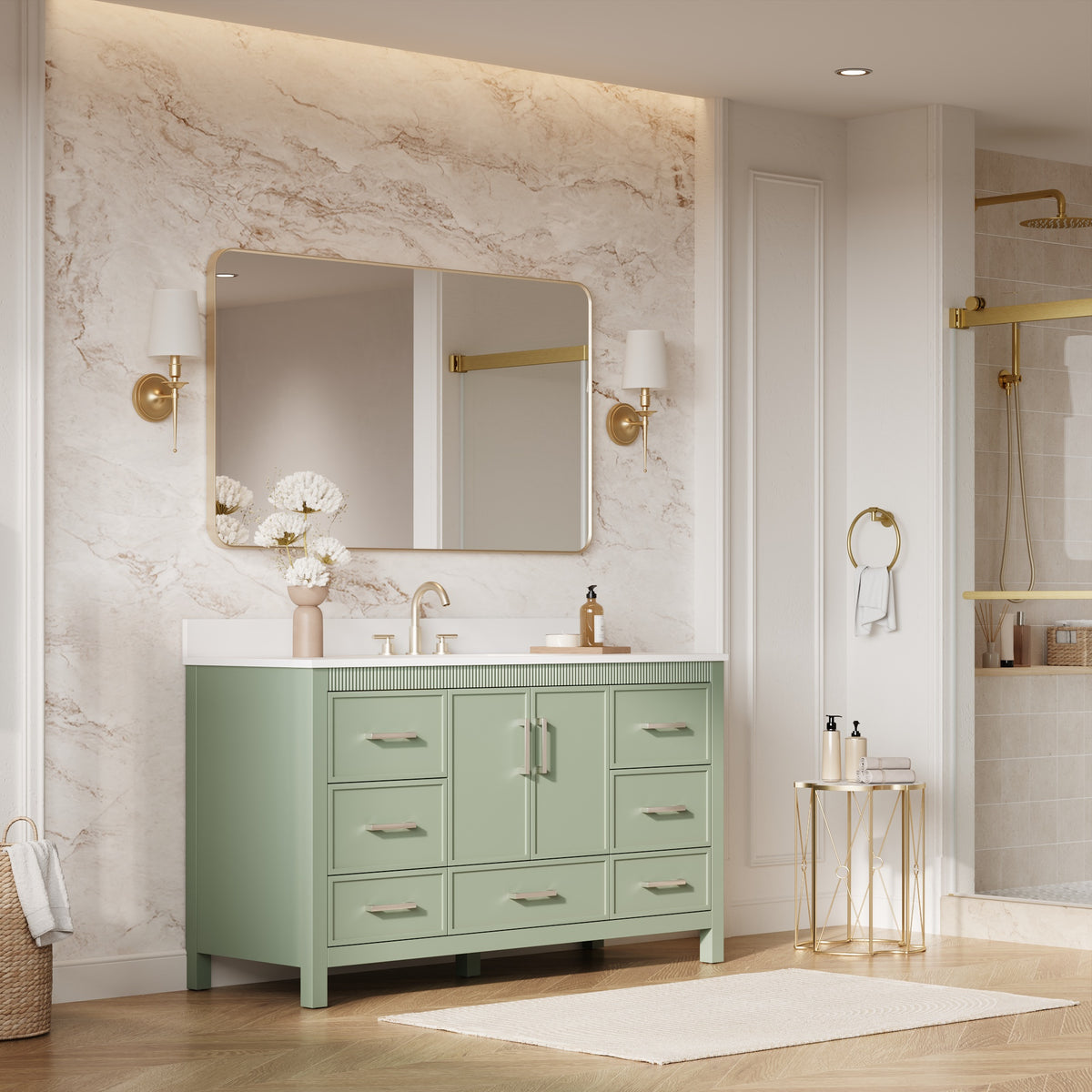 60 Inch Freestanding Solid Wood Bathroom Vanity with Pure White Quartz Countertop, 2 Soft-Close Doors & 7 Dovetail Drawers, SAGE GREEN