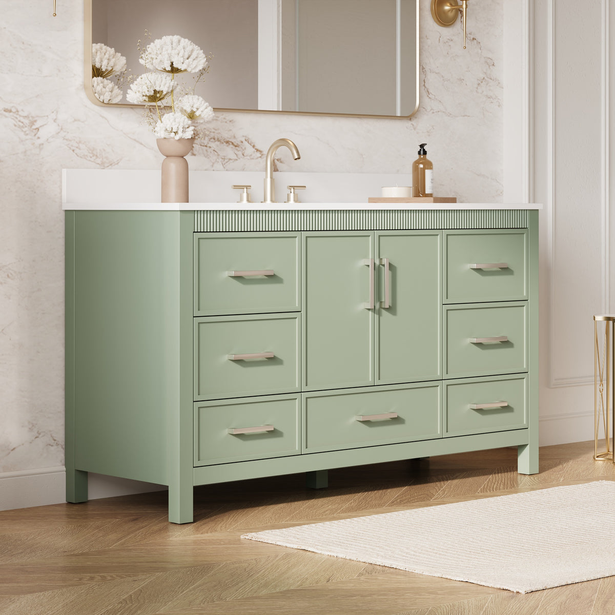 60 Inch Freestanding Solid Wood Bathroom Vanity with Pure White Quartz Countertop, 2 Soft-Close Doors & 7 Dovetail Drawers, SAGE GREEN