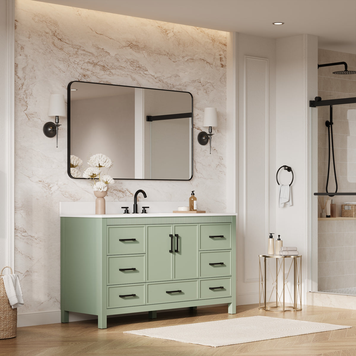 60 Inch Freestanding Solid Wood Bathroom Vanity with Pure White Quartz Countertop, 2 Soft-Close Doors & 7 Dovetail Drawers, SAGE GREEN