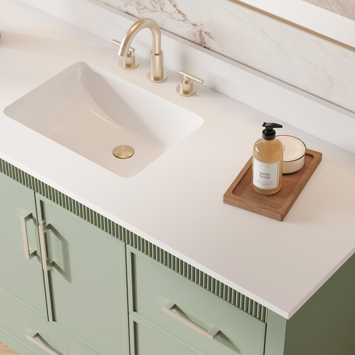 60 Inch Freestanding Solid Wood Bathroom Vanity with Pure White Quartz Countertop, 2 Soft-Close Doors & 7 Dovetail Drawers, SAGE GREEN