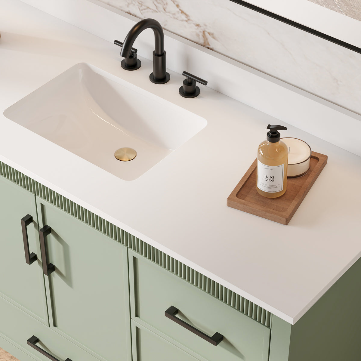 60 Inch Freestanding Solid Wood Bathroom Vanity with Pure White Quartz Countertop, 2 Soft-Close Doors & 7 Dovetail Drawers, SAGE GREEN