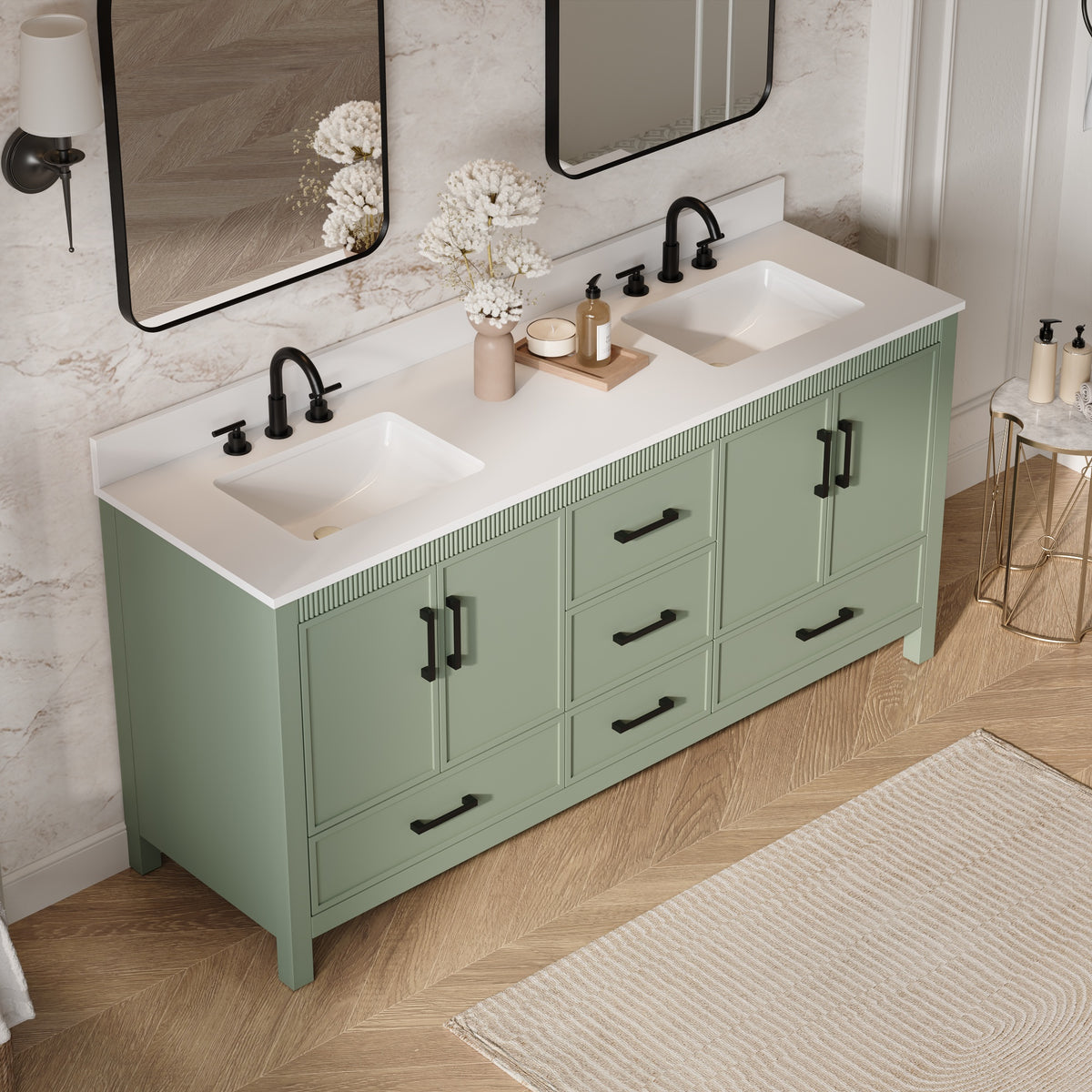 72 Inch Freestanding Solid Wood Bathroom Vanity with Pure White Quartz Countertop, 4 Soft-Close Doors & 5 Dovetail Drawers, SAGE GREEN