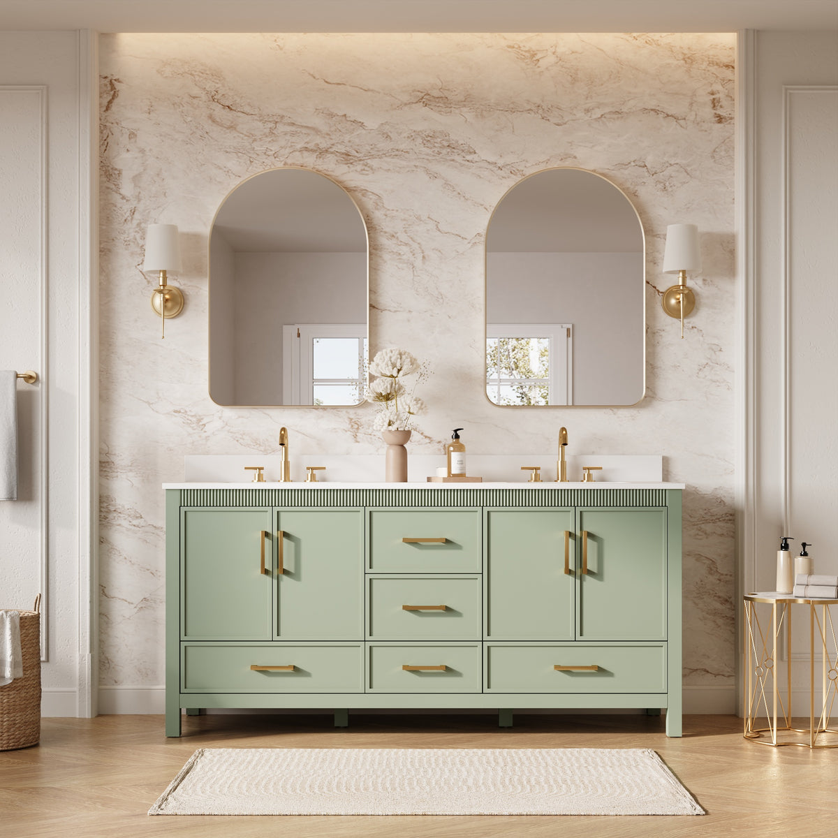 72 Inch Freestanding Solid Wood Bathroom Vanity with Pure White Quartz Countertop, 4 Soft-Close Doors & 5 Dovetail Drawers, SAGE GREEN