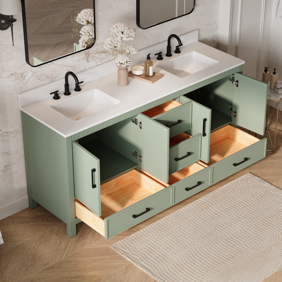72 Inch Freestanding Solid Wood Bathroom Vanity with Pure White Quartz Countertop, 4 Soft-Close Doors & 5 Dovetail Drawers, SAGE GREEN