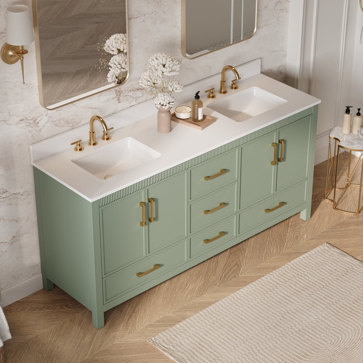 72 Inch Freestanding Solid Wood Bathroom Vanity with Pure White Quartz Countertop, 4 Soft-Close Doors & 5 Dovetail Drawers, SAGE GREEN