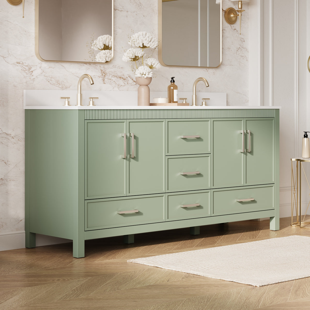 72 Inch Freestanding Solid Wood Bathroom Vanity with Pure White Quartz Countertop, 4 Soft-Close Doors & 5 Dovetail Drawers, SAGE GREEN