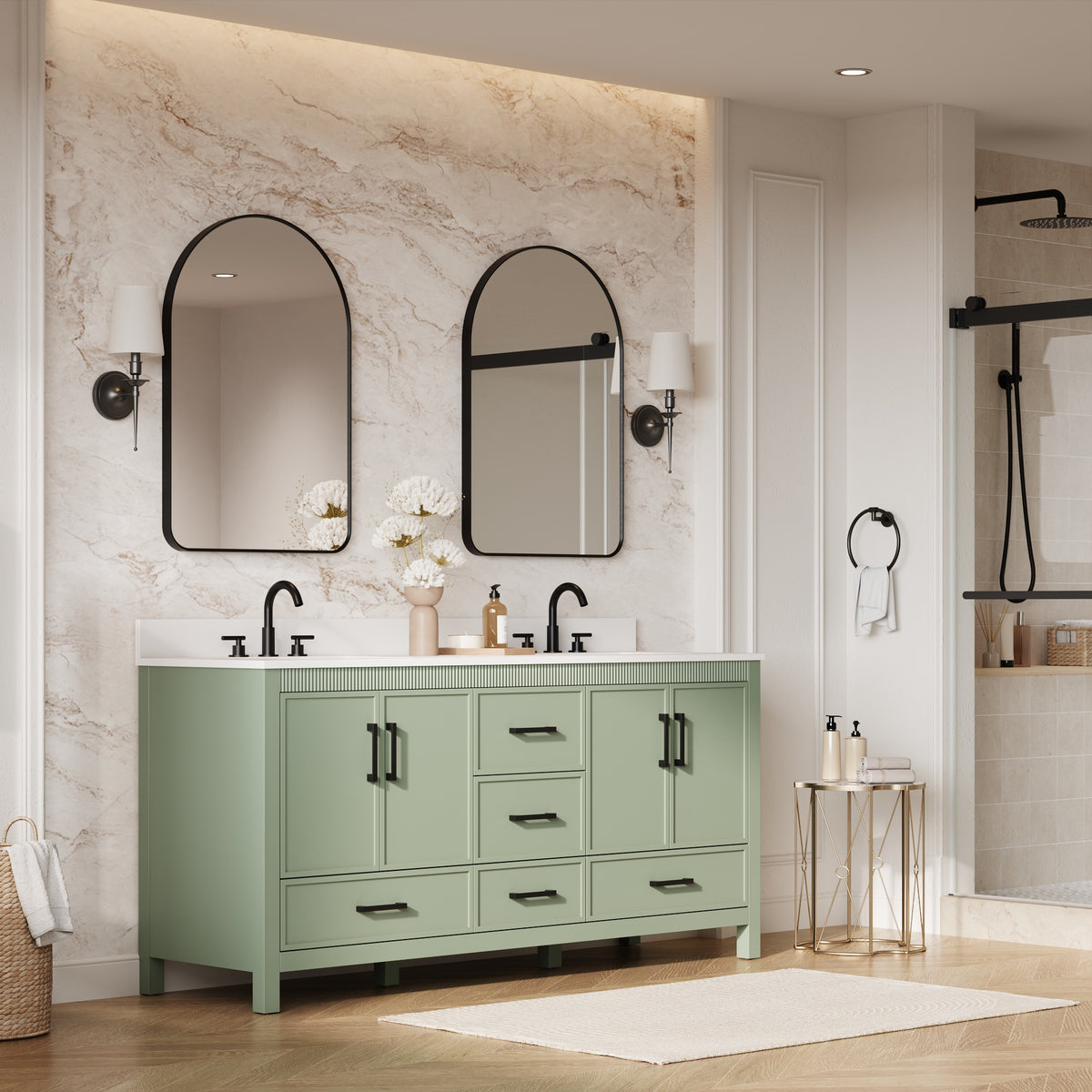 72 Inch Freestanding Solid Wood Bathroom Vanity with Pure White Quartz Countertop, 4 Soft-Close Doors & 5 Dovetail Drawers, SAGE GREEN