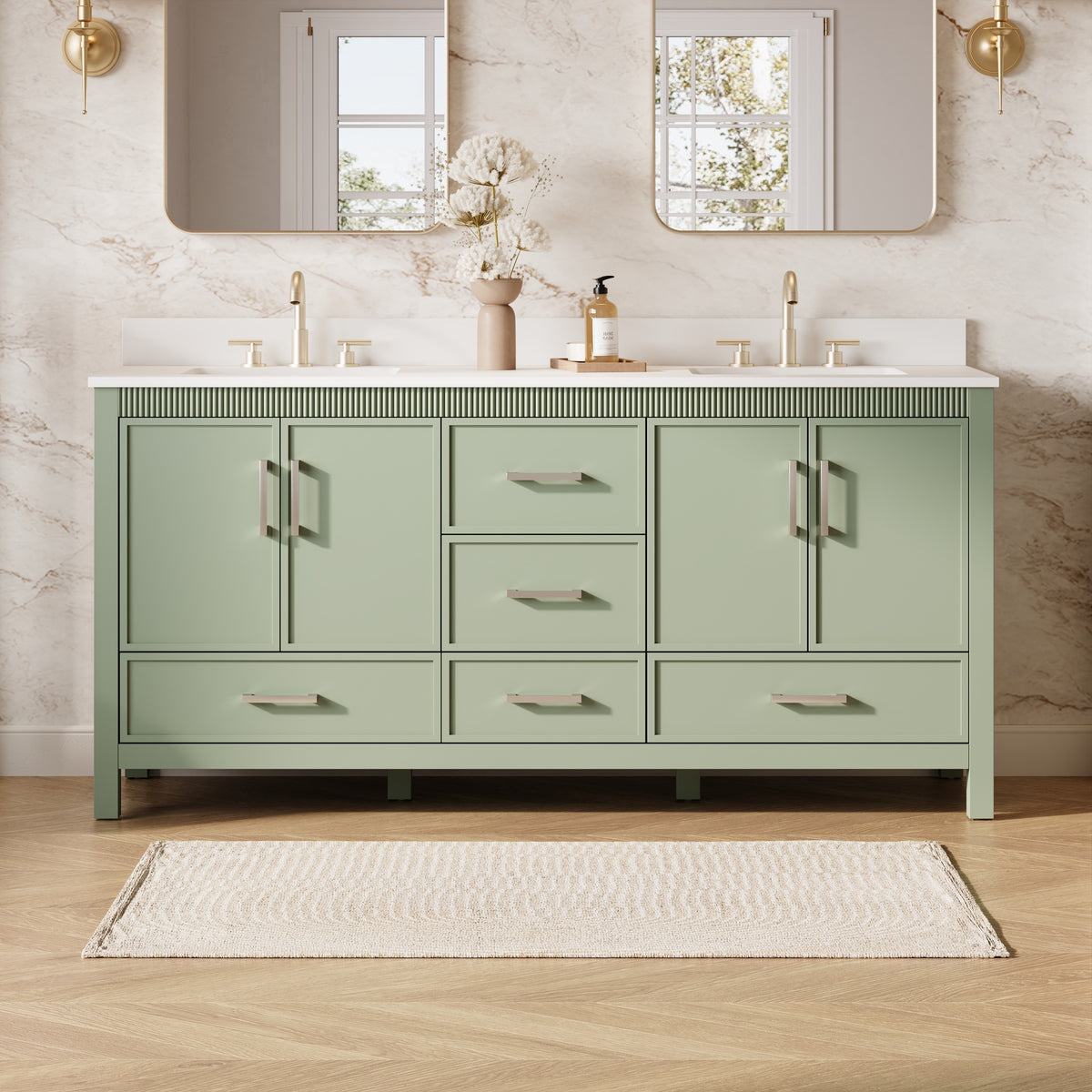 72 Inch Freestanding Solid Wood Bathroom Vanity with Pure White Quartz Countertop, 4 Soft-Close Doors & 5 Dovetail Drawers, SAGE GREEN