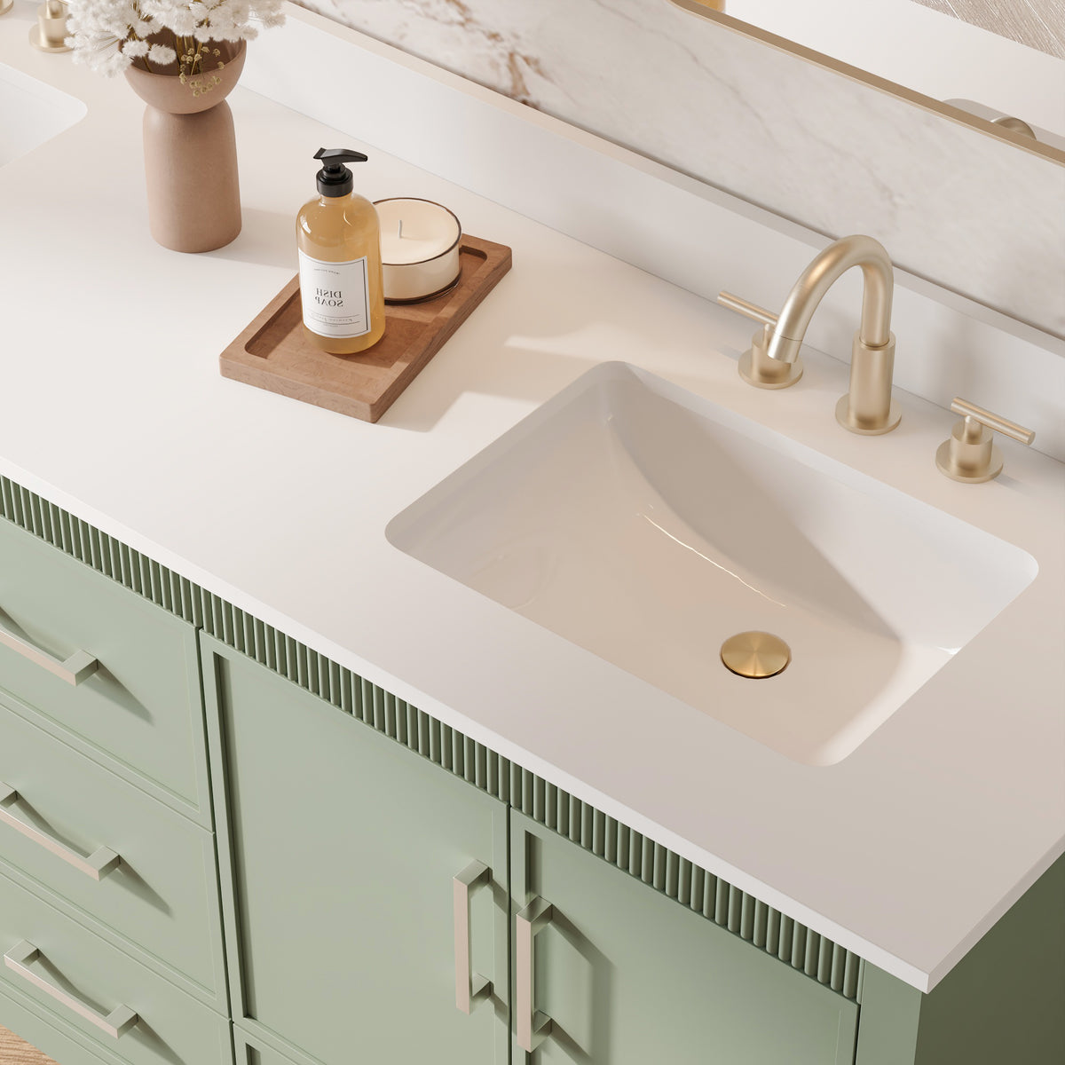 72 Inch Freestanding Solid Wood Bathroom Vanity with Pure White Quartz Countertop, 4 Soft-Close Doors & 5 Dovetail Drawers, SAGE GREEN