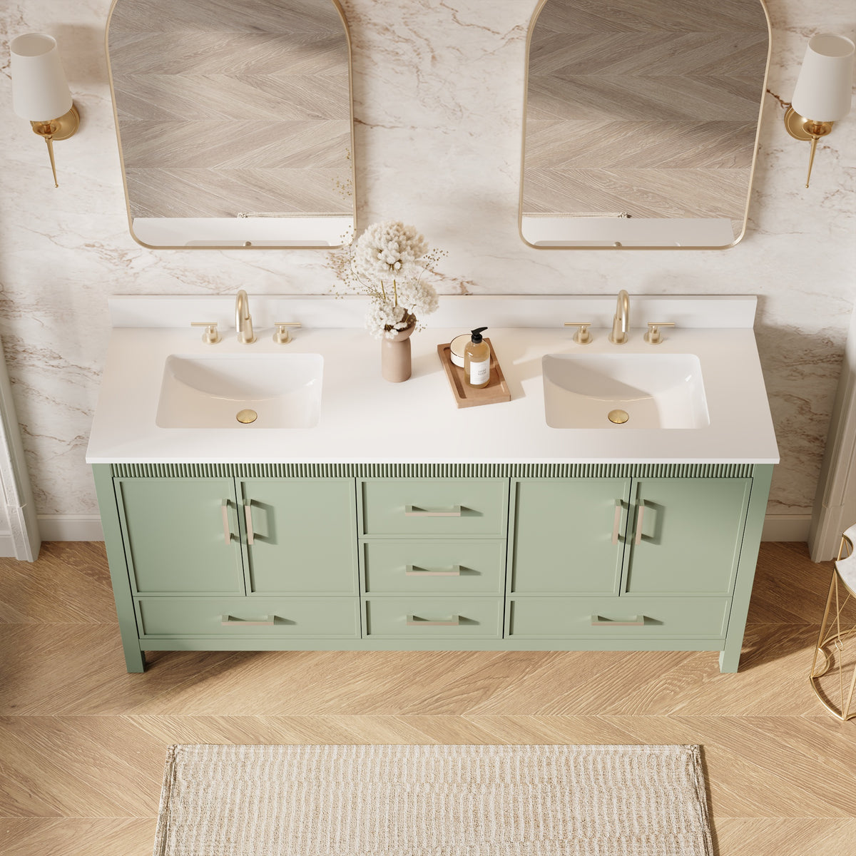 72 Inch Freestanding Solid Wood Bathroom Vanity with Pure White Quartz Countertop, 4 Soft-Close Doors & 5 Dovetail Drawers, SAGE GREEN
