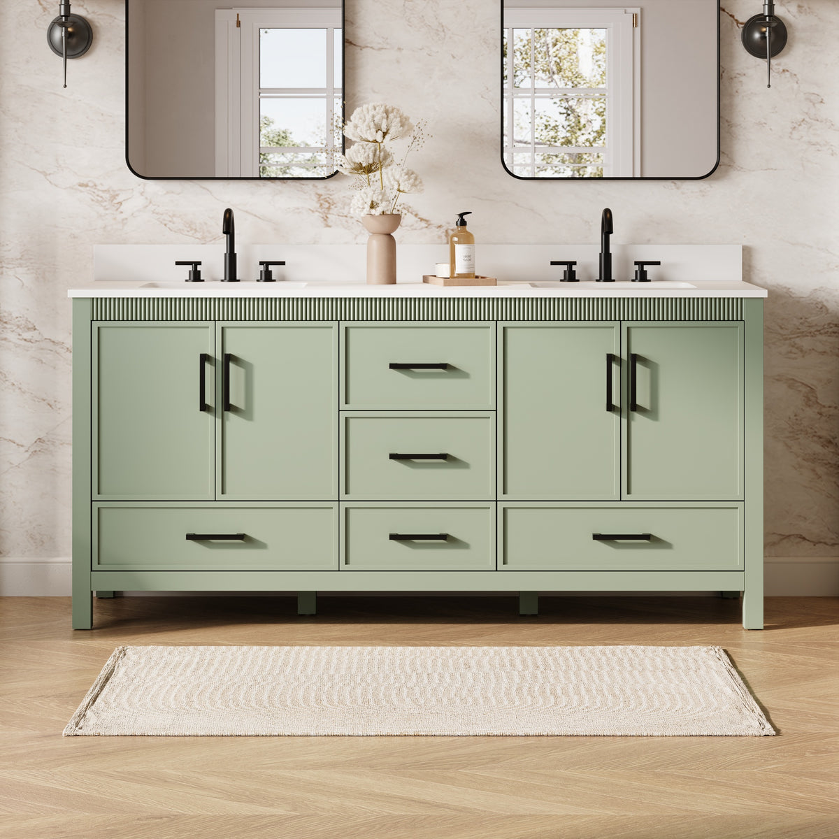 72 Inch Freestanding Solid Wood Bathroom Vanity with Pure White Quartz Countertop, 4 Soft-Close Doors & 5 Dovetail Drawers, SAGE GREEN