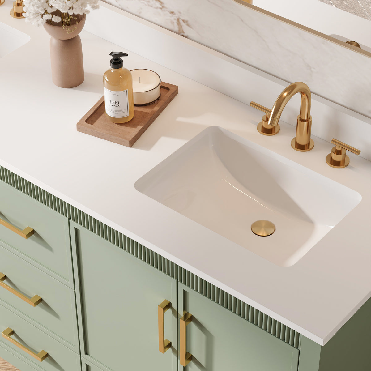 72 Inch Freestanding Solid Wood Bathroom Vanity with Pure White Quartz Countertop, 4 Soft-Close Doors & 5 Dovetail Drawers, SAGE GREEN
