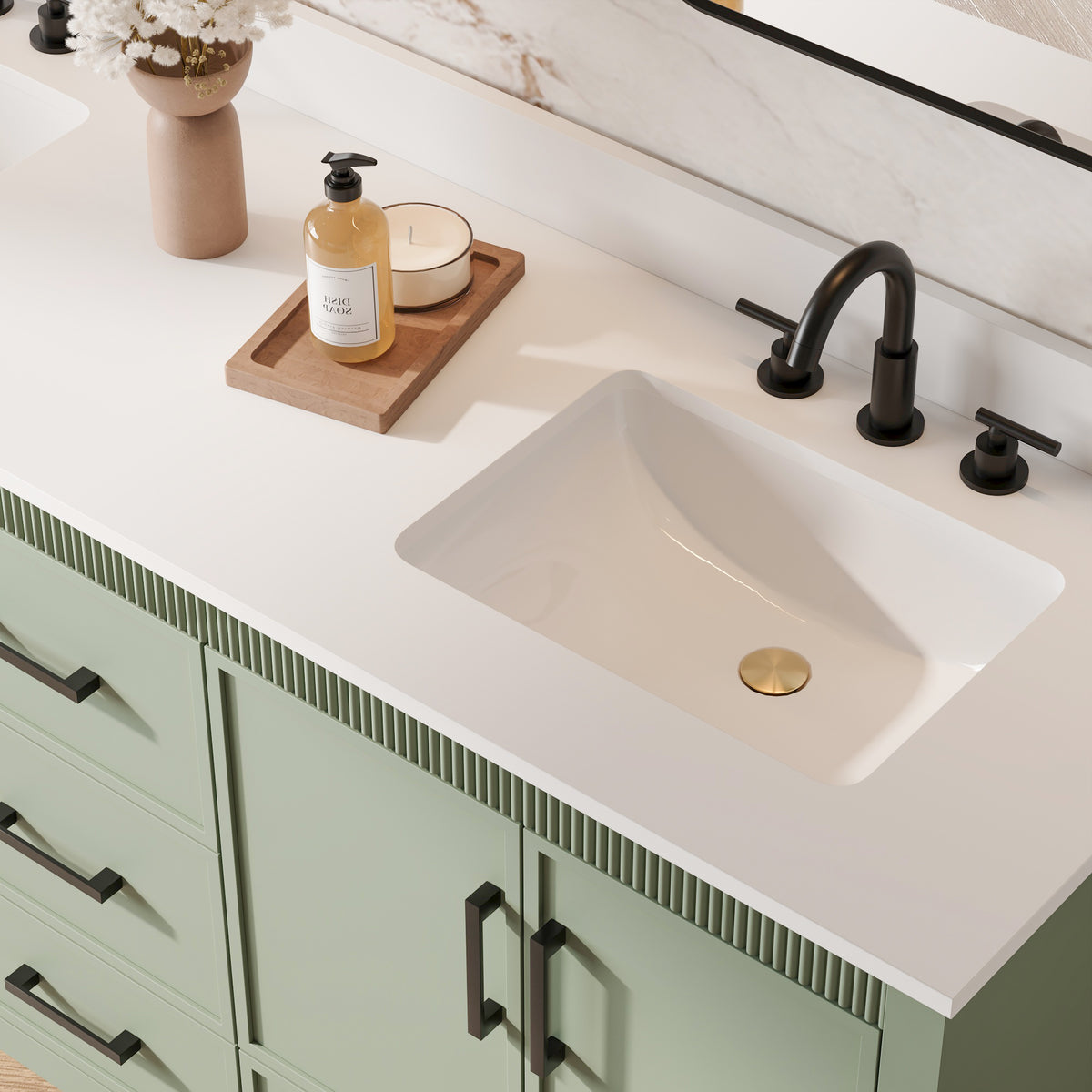 72 Inch Freestanding Solid Wood Bathroom Vanity with Pure White Quartz Countertop, 4 Soft-Close Doors & 5 Dovetail Drawers, SAGE GREEN