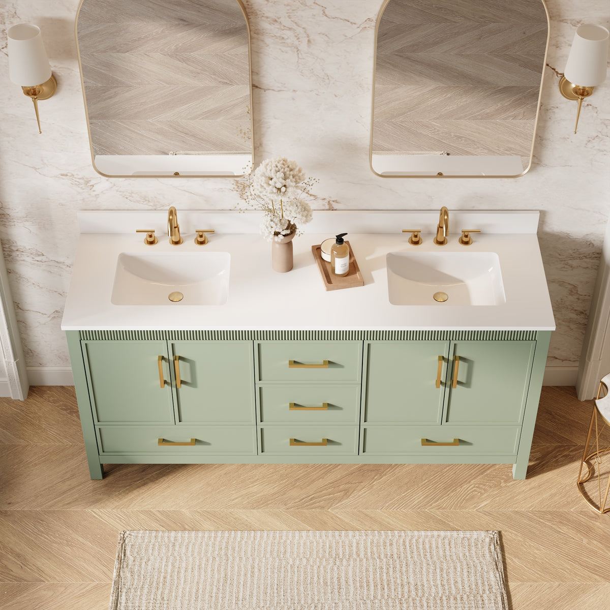 72 Inch Freestanding Solid Wood Bathroom Vanity with Pure White Quartz Countertop, 4 Soft-Close Doors & 5 Dovetail Drawers, SAGE GREEN