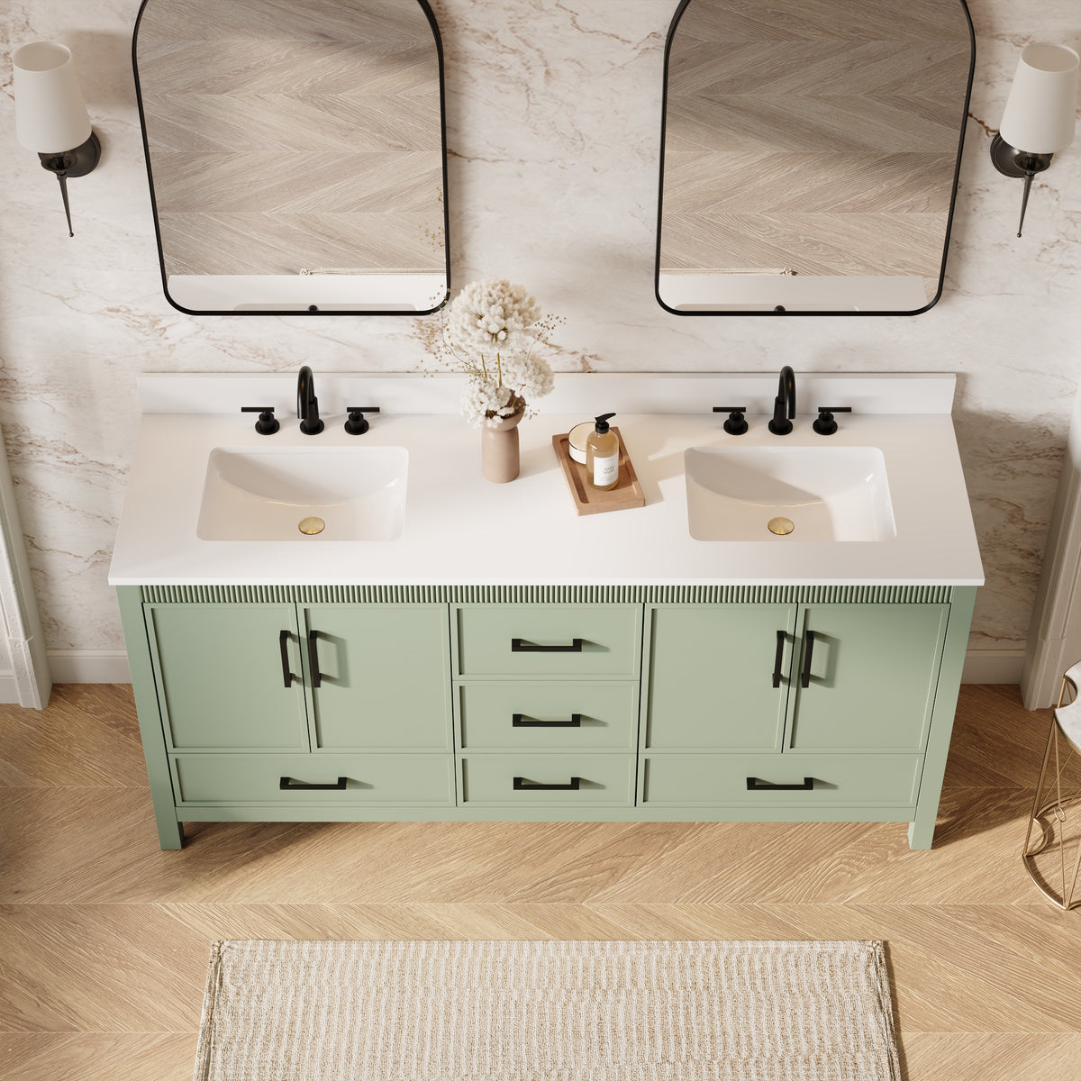72 Inch Freestanding Solid Wood Bathroom Vanity with Pure White Quartz Countertop, 4 Soft-Close Doors & 5 Dovetail Drawers, SAGE GREEN
