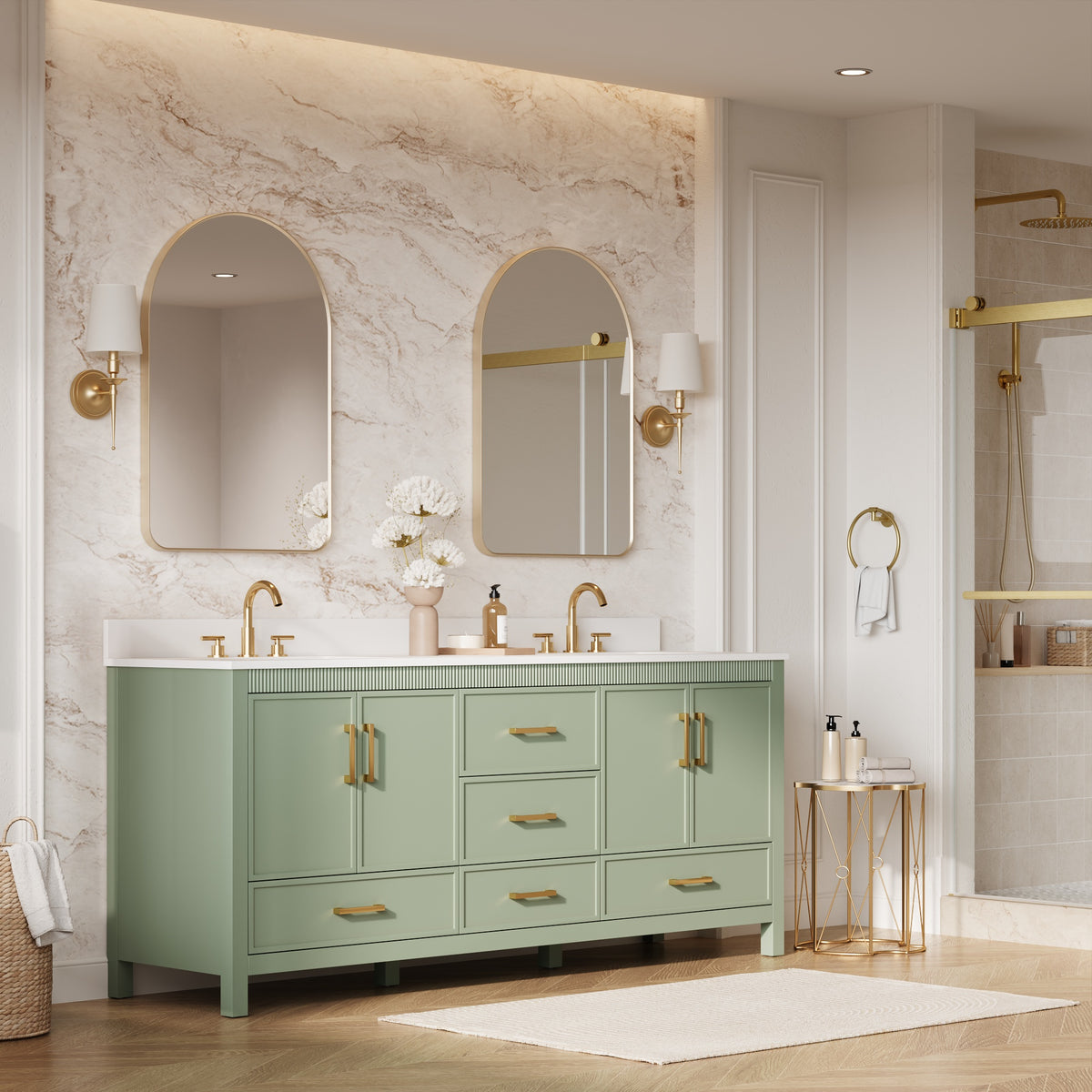 80 Inch Freestanding Solid Wood Bathroom Vanity with Pure White Quartz Countertop, 4 Soft-Close Doors & 5 Dovetail Drawers, SAGE GREEN