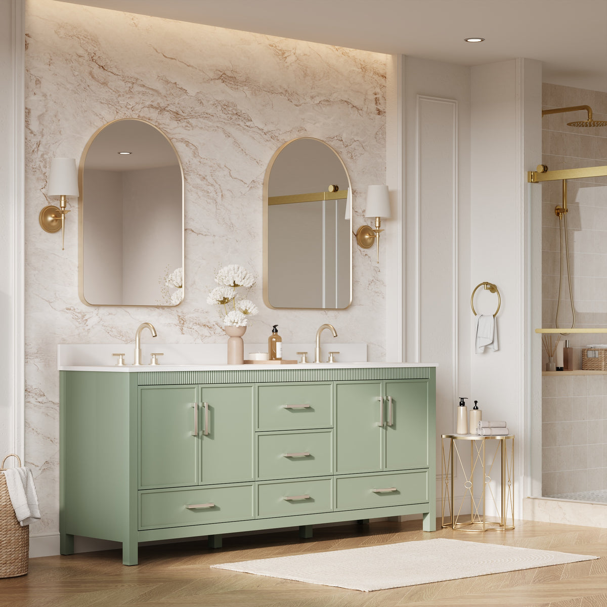 80 Inch Freestanding Solid Wood Bathroom Vanity with Pure White Quartz Countertop, 4 Soft-Close Doors & 5 Dovetail Drawers, SAGE GREEN