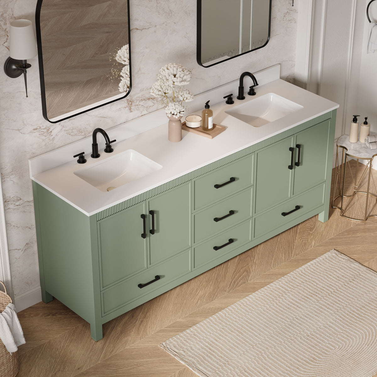 80 Inch Freestanding Solid Wood Bathroom Vanity with Pure White Quartz Countertop, 4 Soft-Close Doors & 5 Dovetail Drawers, SAGE GREEN