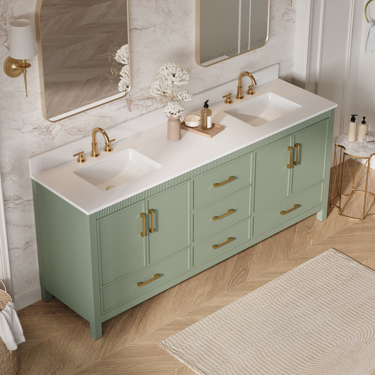 80 Inch Freestanding Solid Wood Bathroom Vanity with Pure White Quartz Countertop, 4 Soft-Close Doors & 5 Dovetail Drawers, SAGE GREEN