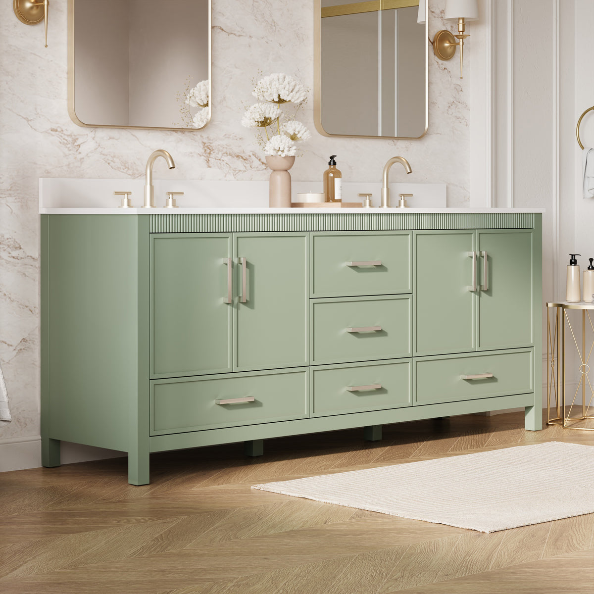 80 Inch Freestanding Solid Wood Bathroom Vanity with Pure White Quartz Countertop, 4 Soft-Close Doors & 5 Dovetail Drawers, SAGE GREEN