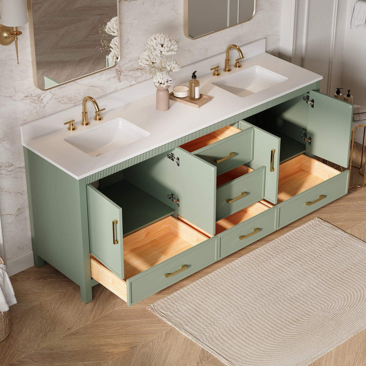80 Inch Freestanding Solid Wood Bathroom Vanity with Pure White Quartz Countertop, 4 Soft-Close Doors & 5 Dovetail Drawers, SAGE GREEN
