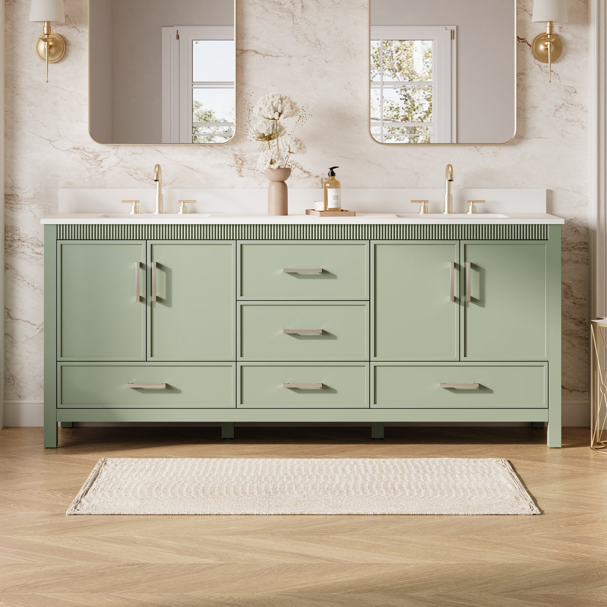 80 Inch Freestanding Solid Wood Bathroom Vanity with Pure White Quartz Countertop, 4 Soft-Close Doors & 5 Dovetail Drawers, SAGE GREEN