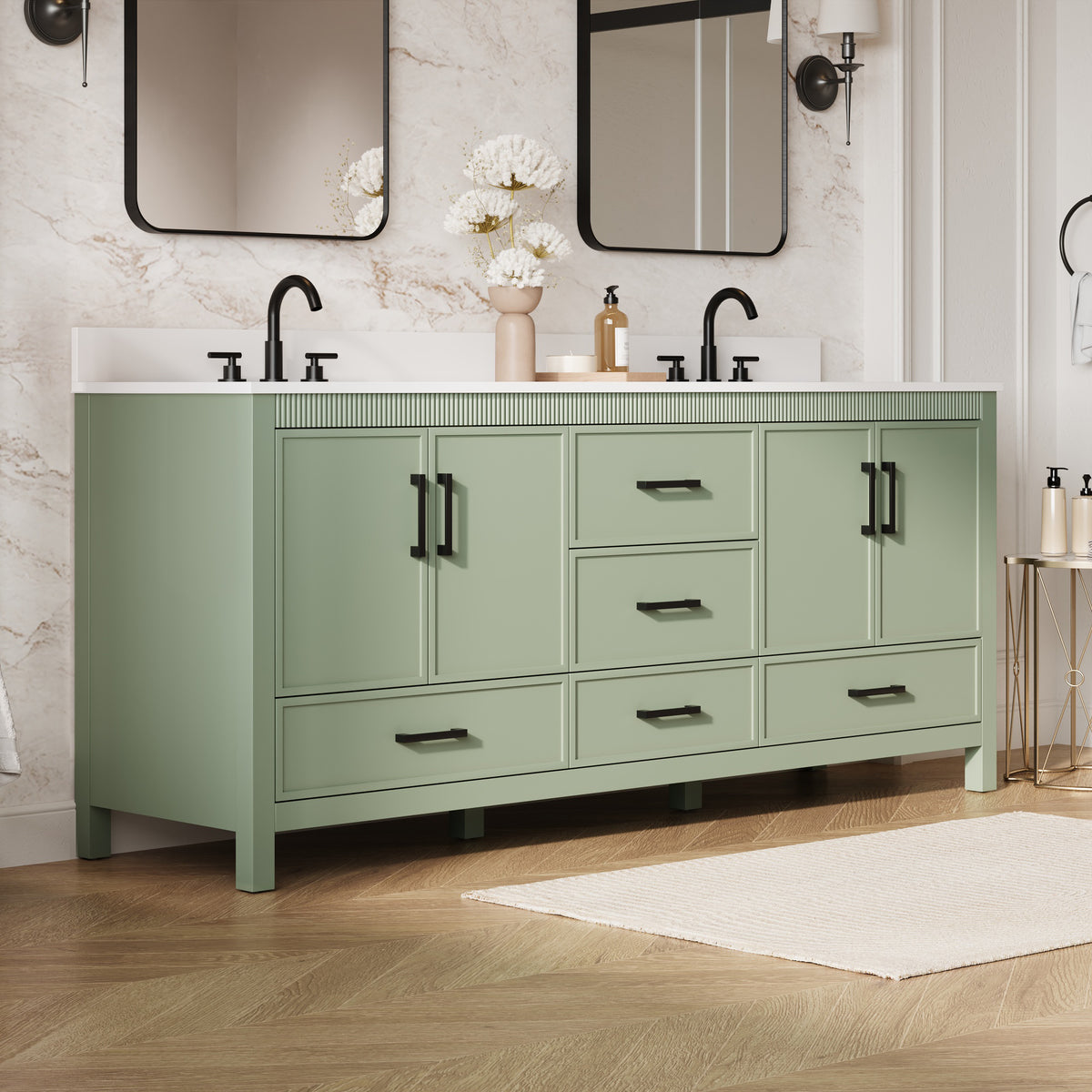80 Inch Freestanding Solid Wood Bathroom Vanity with Pure White Quartz Countertop, 4 Soft-Close Doors & 5 Dovetail Drawers, SAGE GREEN