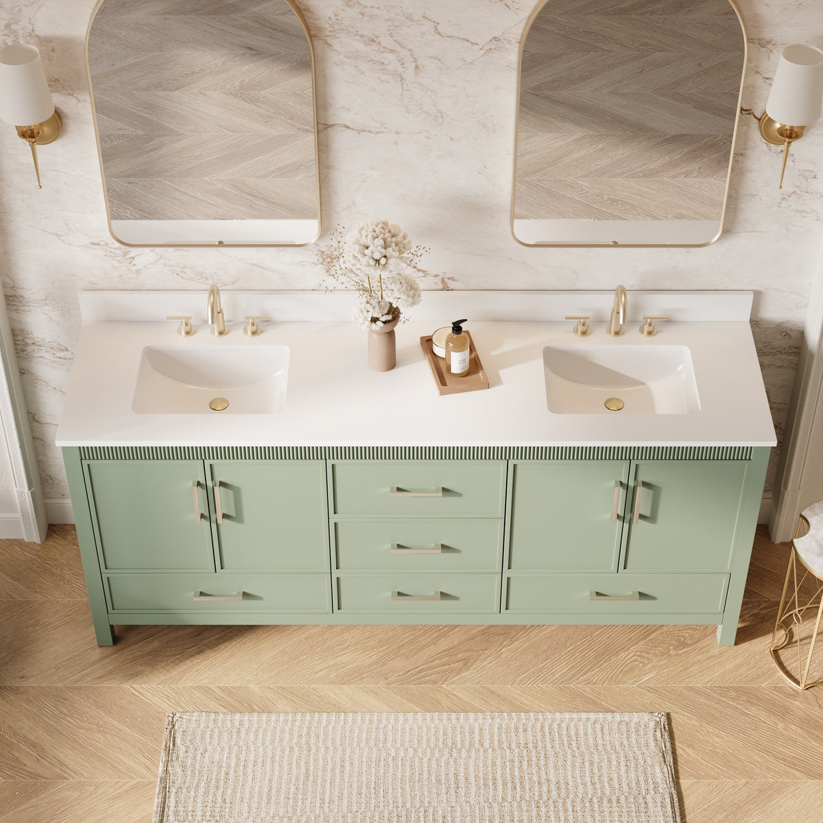 80 Inch Freestanding Solid Wood Bathroom Vanity with Pure White Quartz Countertop, 4 Soft-Close Doors & 5 Dovetail Drawers, SAGE GREEN