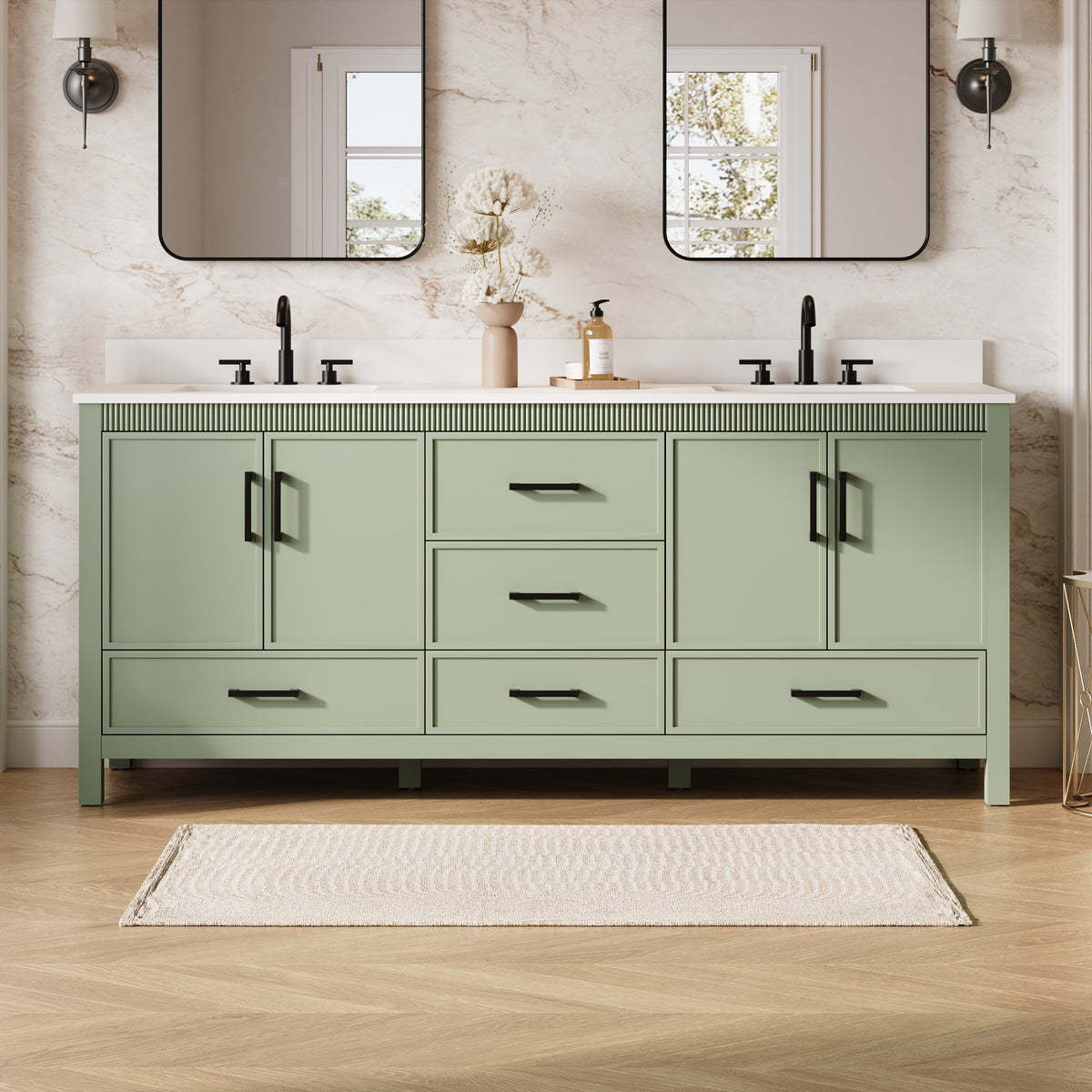 80 Inch Freestanding Solid Wood Bathroom Vanity with Pure White Quartz Countertop, 4 Soft-Close Doors & 5 Dovetail Drawers, SAGE GREEN