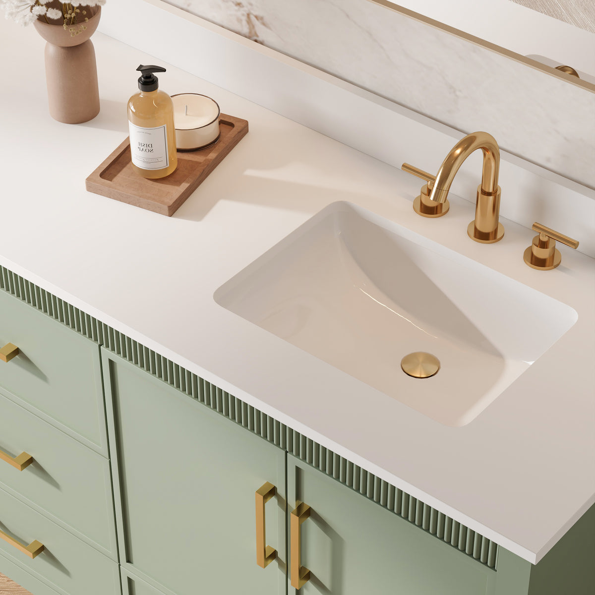 80 Inch Freestanding Solid Wood Bathroom Vanity with Pure White Quartz Countertop, 4 Soft-Close Doors & 5 Dovetail Drawers, SAGE GREEN