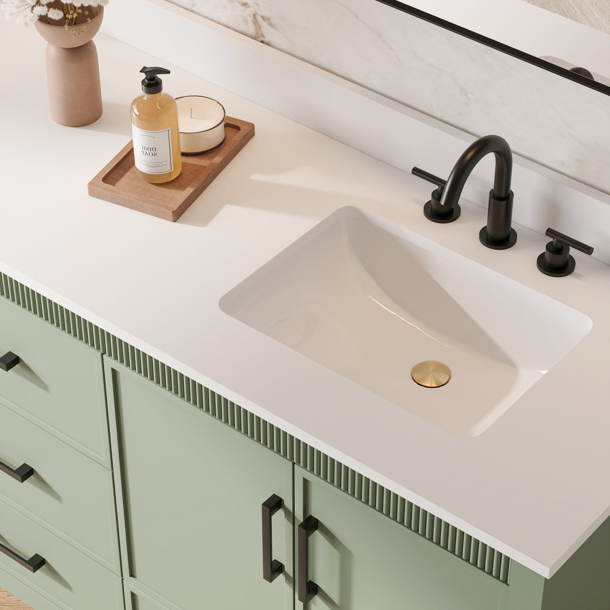80 Inch Freestanding Solid Wood Bathroom Vanity with Pure White Quartz Countertop, 4 Soft-Close Doors & 5 Dovetail Drawers, SAGE GREEN