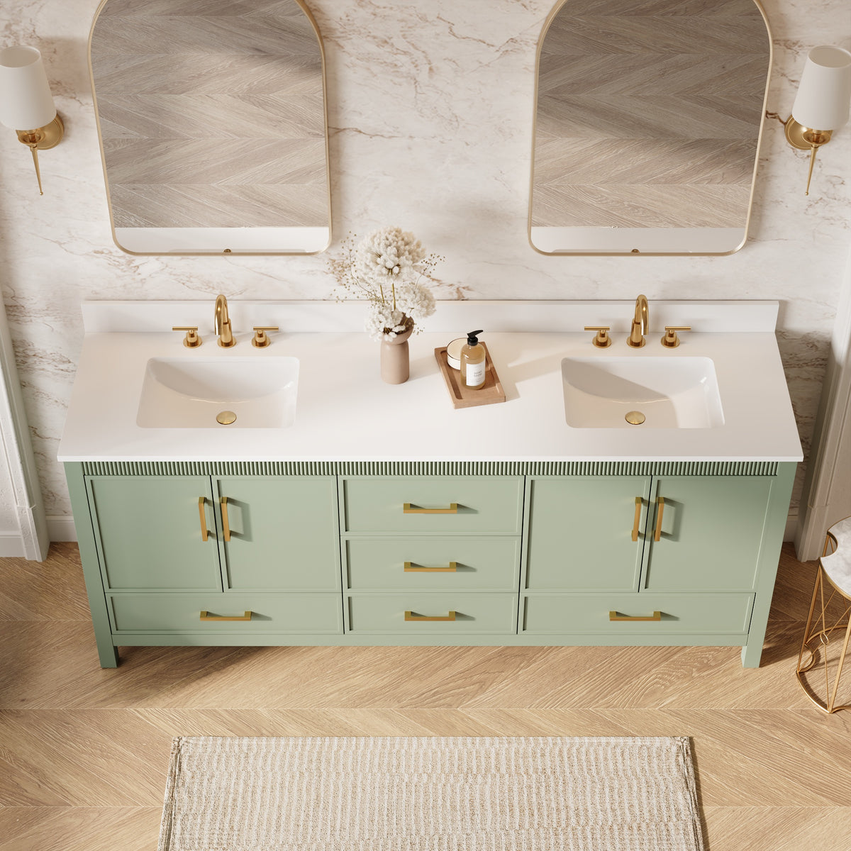 80 Inch Freestanding Solid Wood Bathroom Vanity with Pure White Quartz Countertop, 4 Soft-Close Doors & 5 Dovetail Drawers, SAGE GREEN