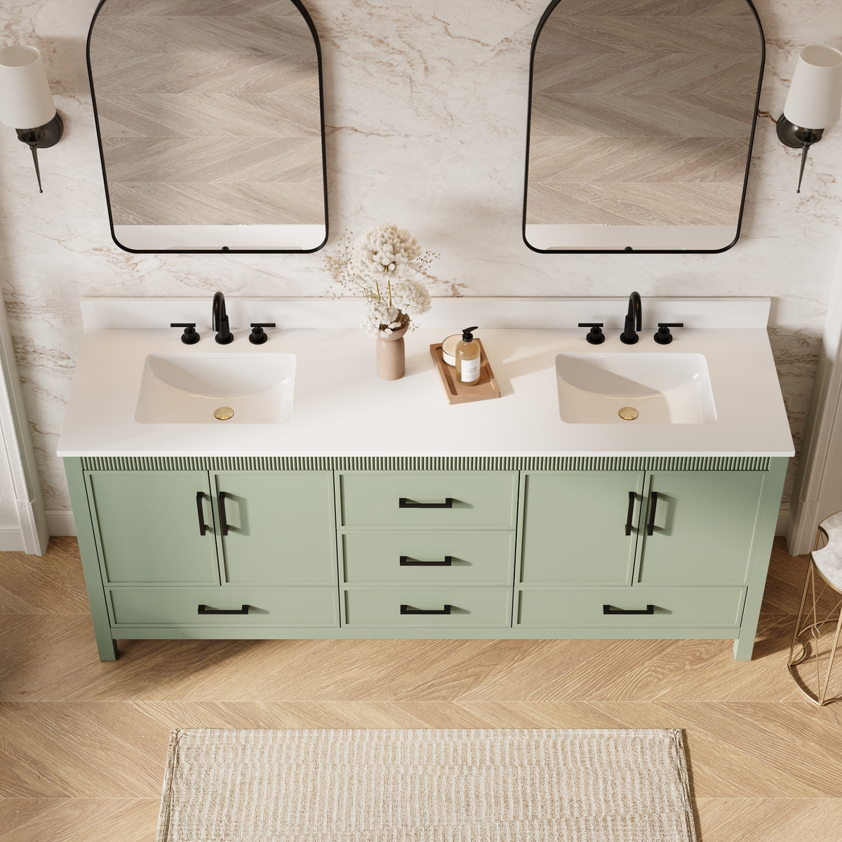 80 Inch Freestanding Solid Wood Bathroom Vanity with Pure White Quartz Countertop, 4 Soft-Close Doors & 5 Dovetail Drawers, SAGE GREEN