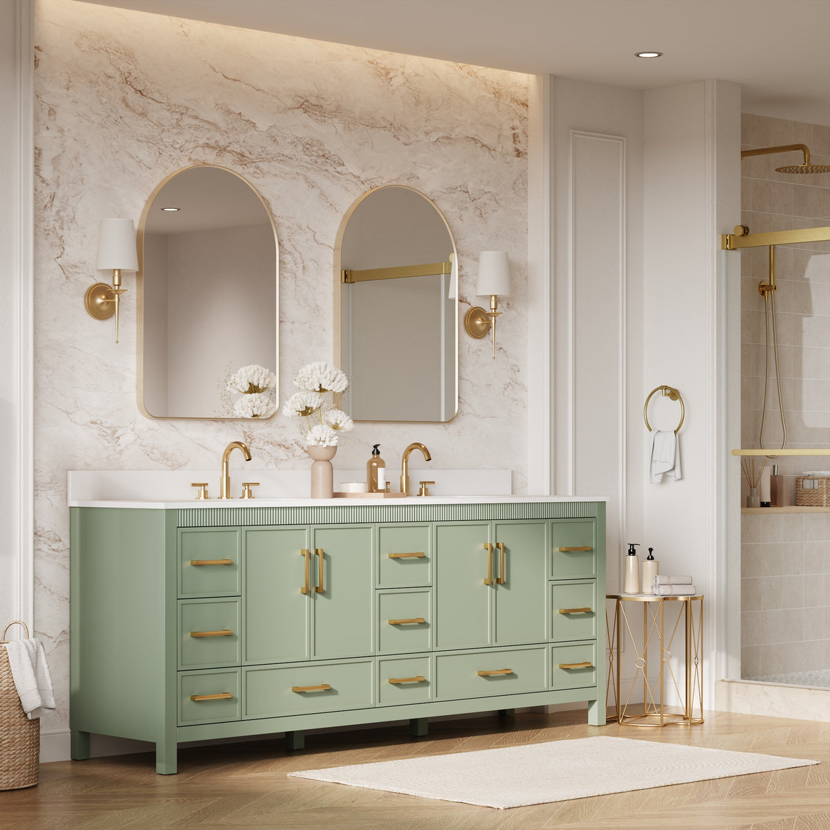 84 Inch Freestanding Solid Wood Bathroom Vanity with Pure White Quartz Countertop, 4 Soft-Close Doors & 11 Dovetail Drawers, SAGE GREEN