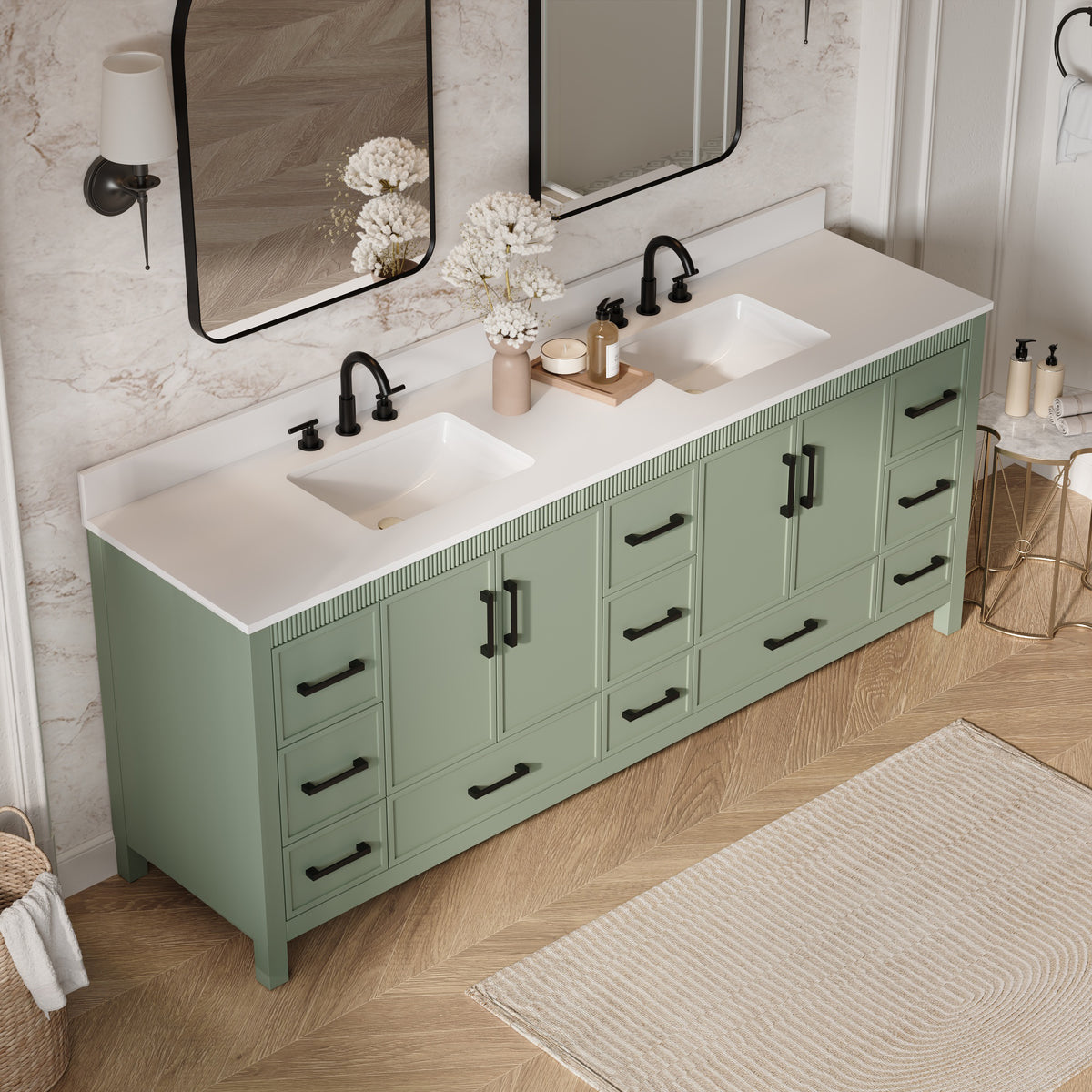 84 Inch Freestanding Solid Wood Bathroom Vanity with Pure White Quartz Countertop, 4 Soft-Close Doors & 11 Dovetail Drawers, SAGE GREEN