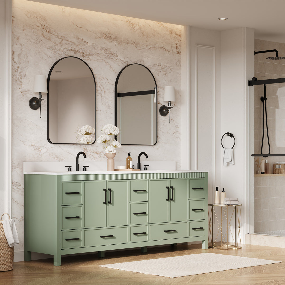 84 Inch Freestanding Solid Wood Bathroom Vanity with Pure White Quartz Countertop, 4 Soft-Close Doors & 11 Dovetail Drawers, SAGE GREEN