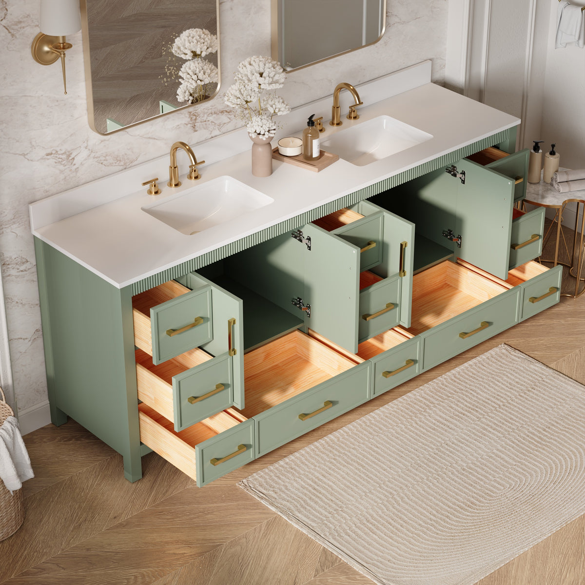 84 Inch Freestanding Solid Wood Bathroom Vanity with Pure White Quartz Countertop, 4 Soft-Close Doors & 11 Dovetail Drawers, SAGE GREEN