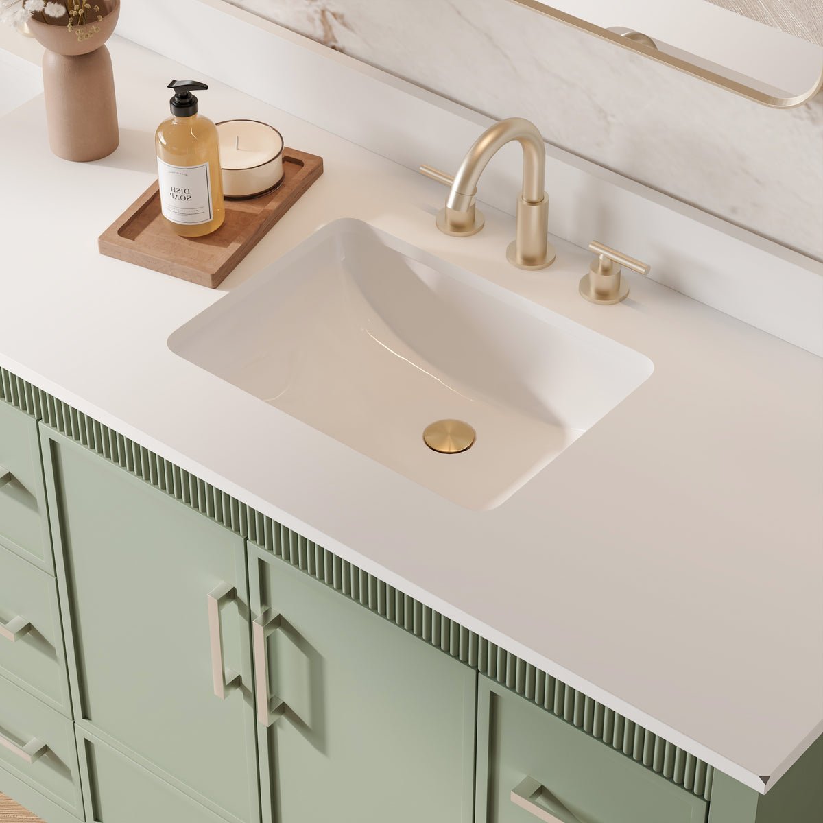 84 Inch Freestanding Solid Wood Bathroom Vanity with Pure White Quartz Countertop, 4 Soft-Close Doors & 11 Dovetail Drawers, SAGE GREEN