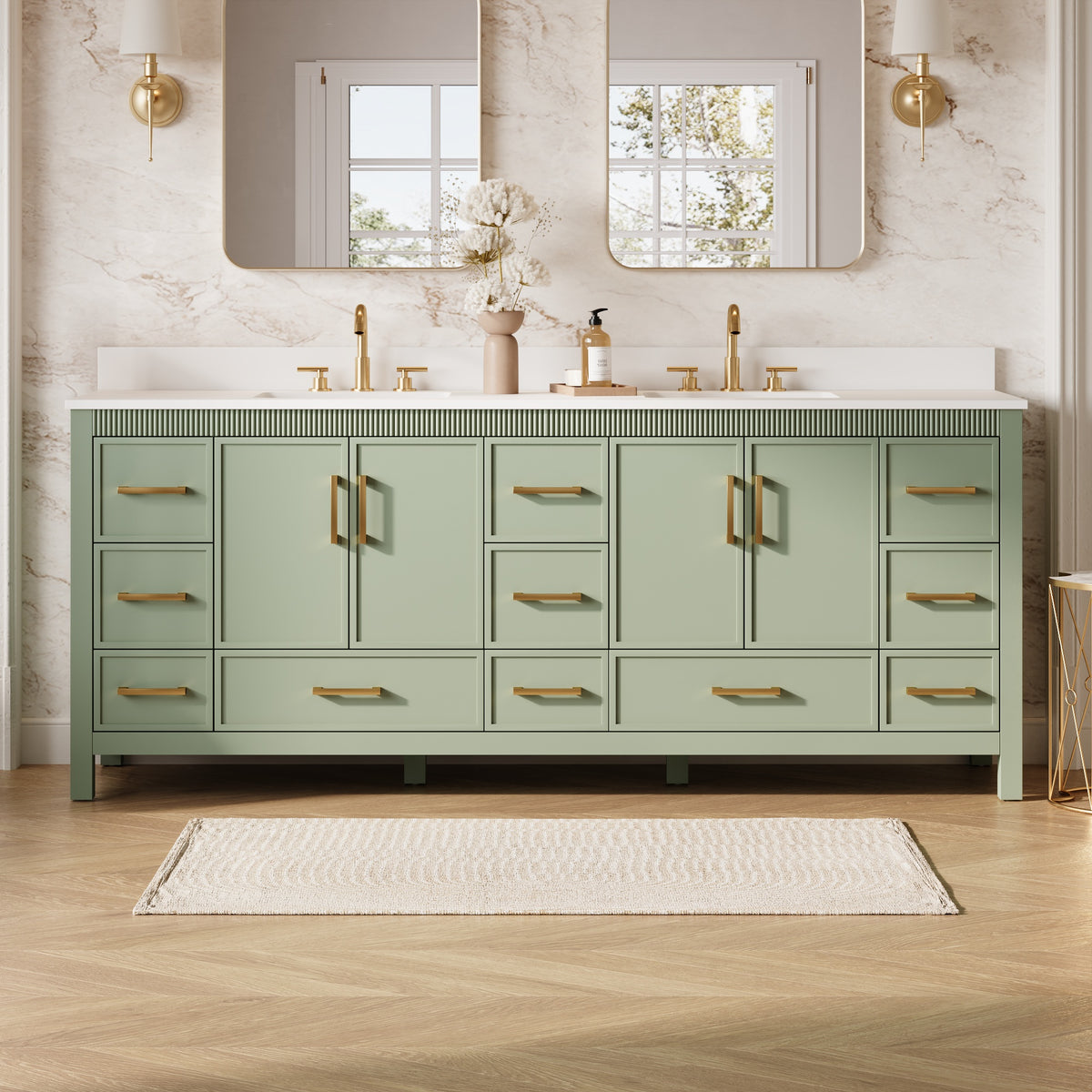 84 Inch Freestanding Solid Wood Bathroom Vanity with Pure White Quartz Countertop, 4 Soft-Close Doors & 11 Dovetail Drawers, SAGE GREEN