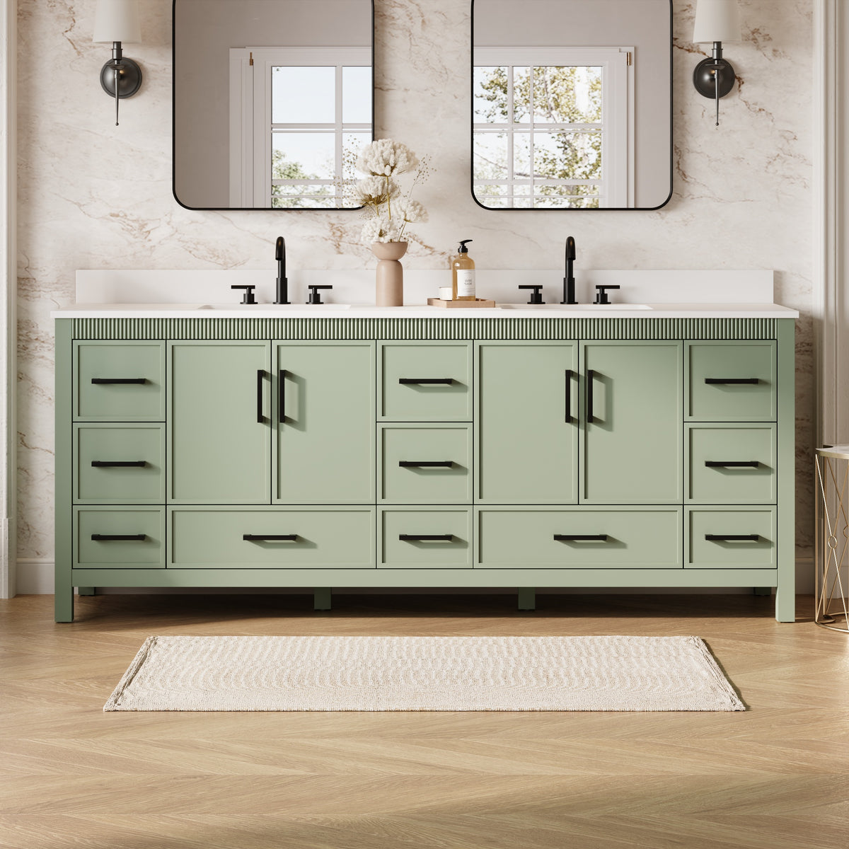 84 Inch Freestanding Solid Wood Bathroom Vanity with Pure White Quartz Countertop, 4 Soft-Close Doors & 11 Dovetail Drawers, SAGE GREEN