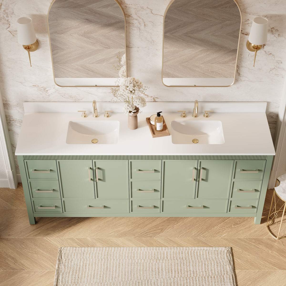 84 Inch Freestanding Solid Wood Bathroom Vanity with Pure White Quartz Countertop, 4 Soft-Close Doors & 11 Dovetail Drawers, SAGE GREEN