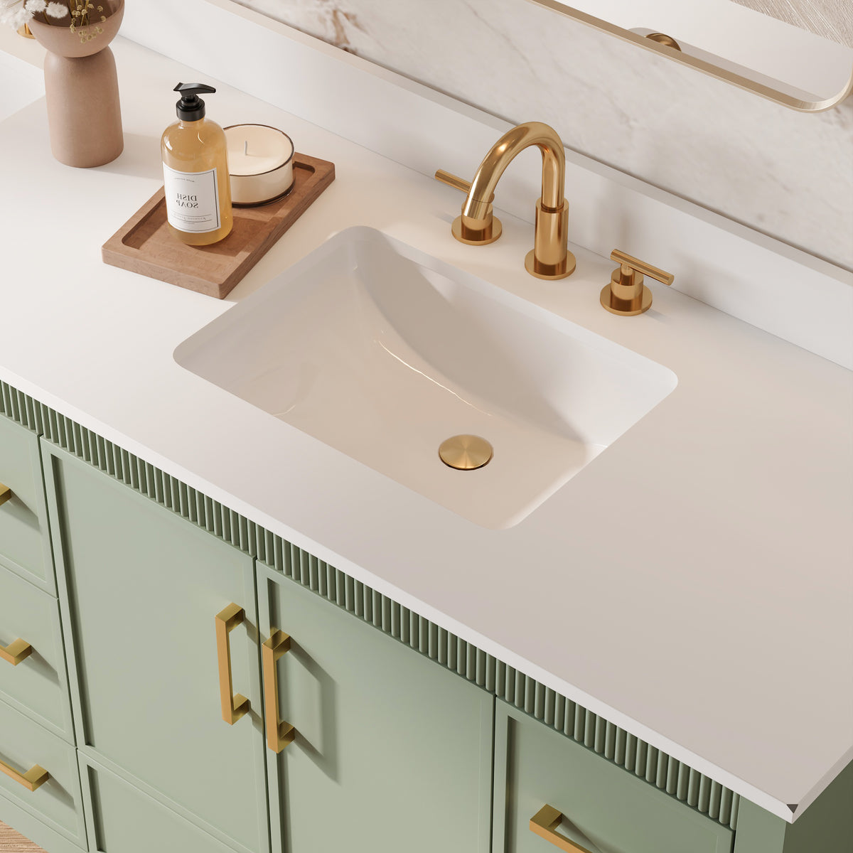 84 Inch Freestanding Solid Wood Bathroom Vanity with Pure White Quartz Countertop, 4 Soft-Close Doors & 11 Dovetail Drawers, SAGE GREEN