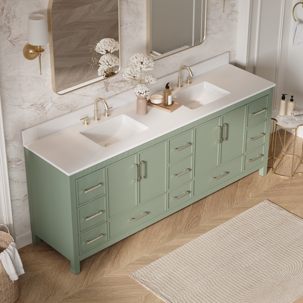 84 Inch Freestanding Solid Wood Bathroom Vanity with Pure White Quartz Countertop, 4 Soft-Close Doors & 11 Dovetail Drawers, SAGE GREEN