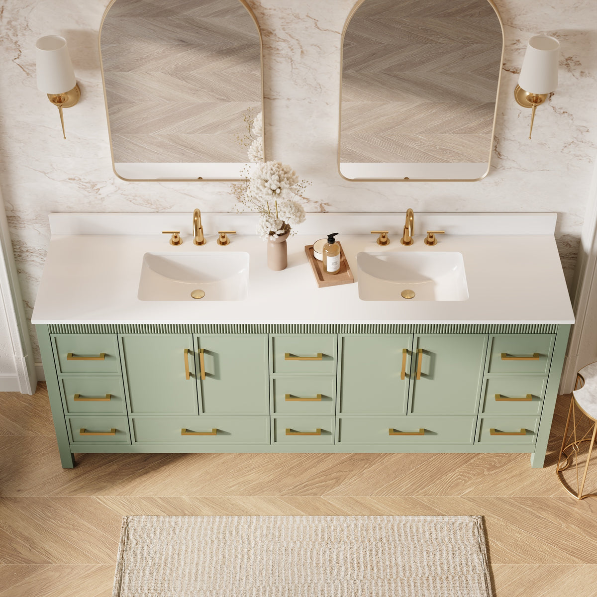 84 Inch Freestanding Solid Wood Bathroom Vanity with Pure White Quartz Countertop, 4 Soft-Close Doors & 11 Dovetail Drawers, SAGE GREEN